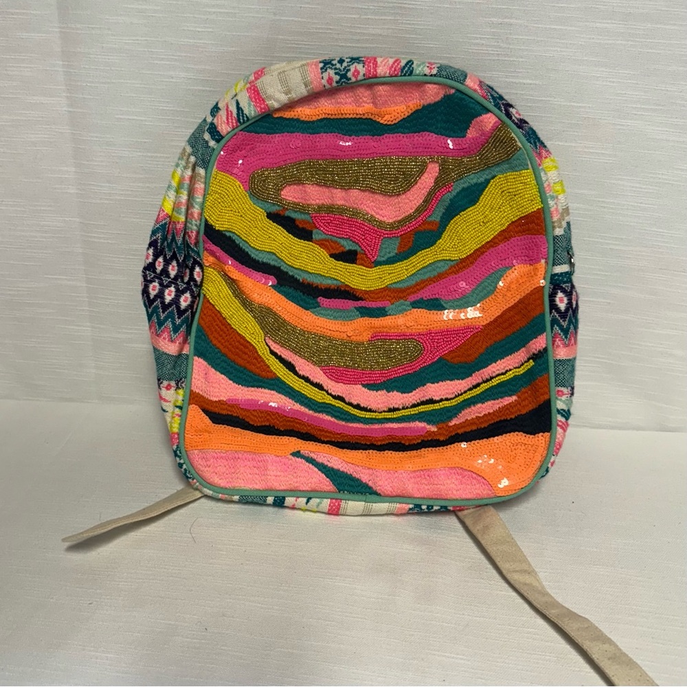 America and Beyond Pink and Orange Abstract Backpack with Geometric Trim  NWT